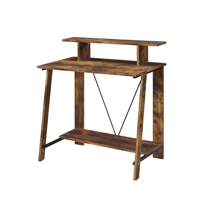 Modern Writing Desk with Storage Shelves and Sturdy Metal V-Back Reinforcement for Home or Office Workspace - Brown