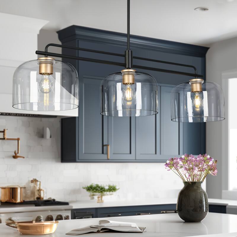 Modern Black Gold Pendant Clear Glass Kitchen Island Light Bowl-Shape Shade for Dining Room - 3-Light