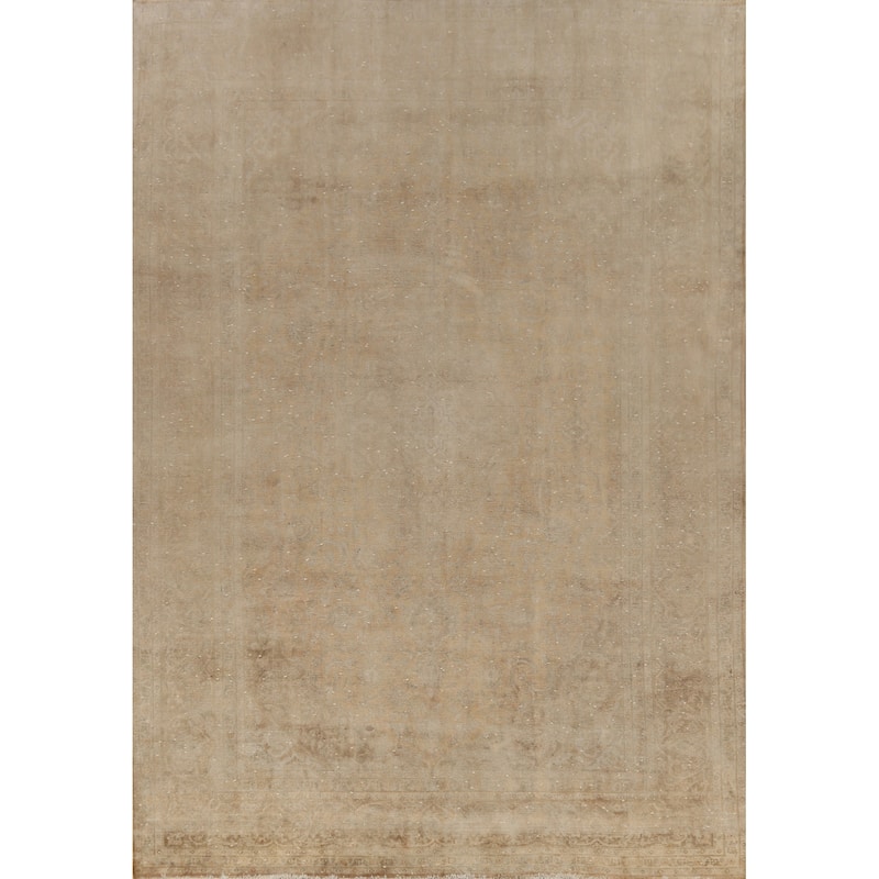Hand Knotted Oriental 100% Wool Carpet Traditional Distressed Brown Mashad Area Rug - 13' 1'' X 9' 8''