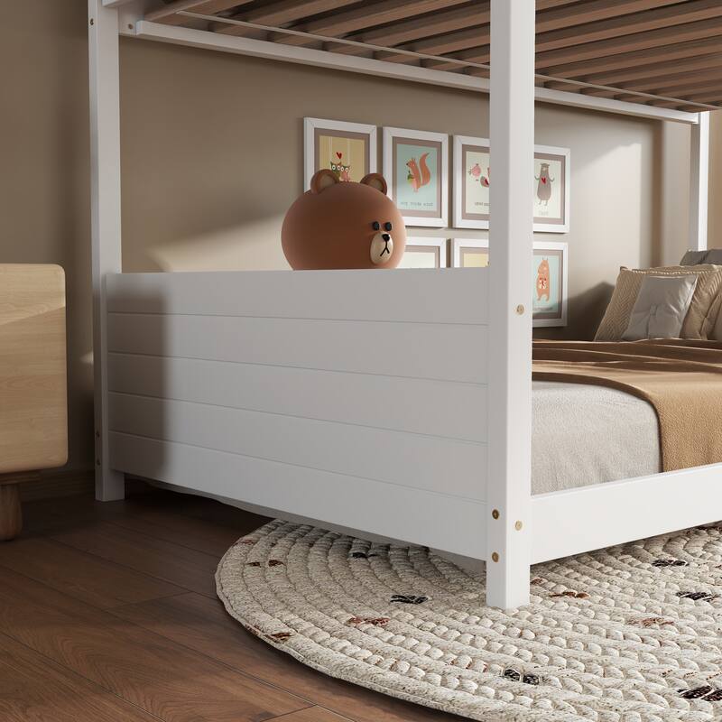 Twin Over Twin House Bunk Bed with Playful Roof Design Safety Guardrails & Ladder (250lb Capacity)
