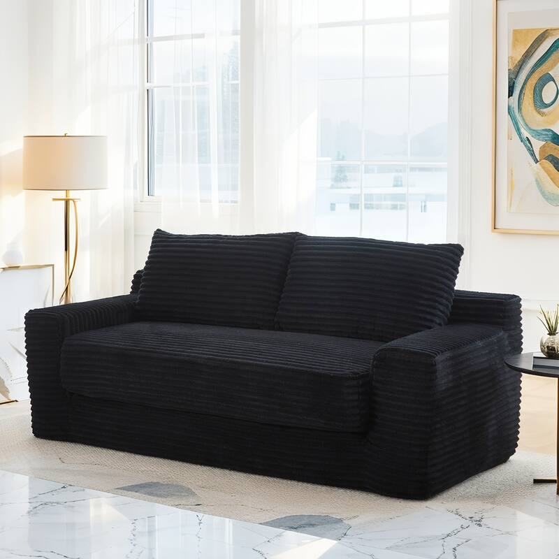 Minimalist Loveseat Sofa Bed with Steel Frame, 2-Seater Settee with Square Armrests for Living Room Apartment - Black