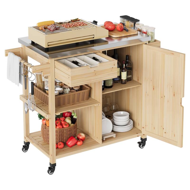 Outdoor Grill Cart with Storage Cabinet and Stainless Steel Worktop