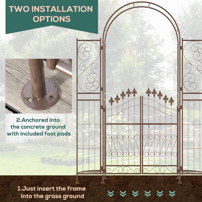 Outsunny 7' Metal Garden Arbor, Garden Arch with Gate, Fleur De Lis Motif, Latching Doors