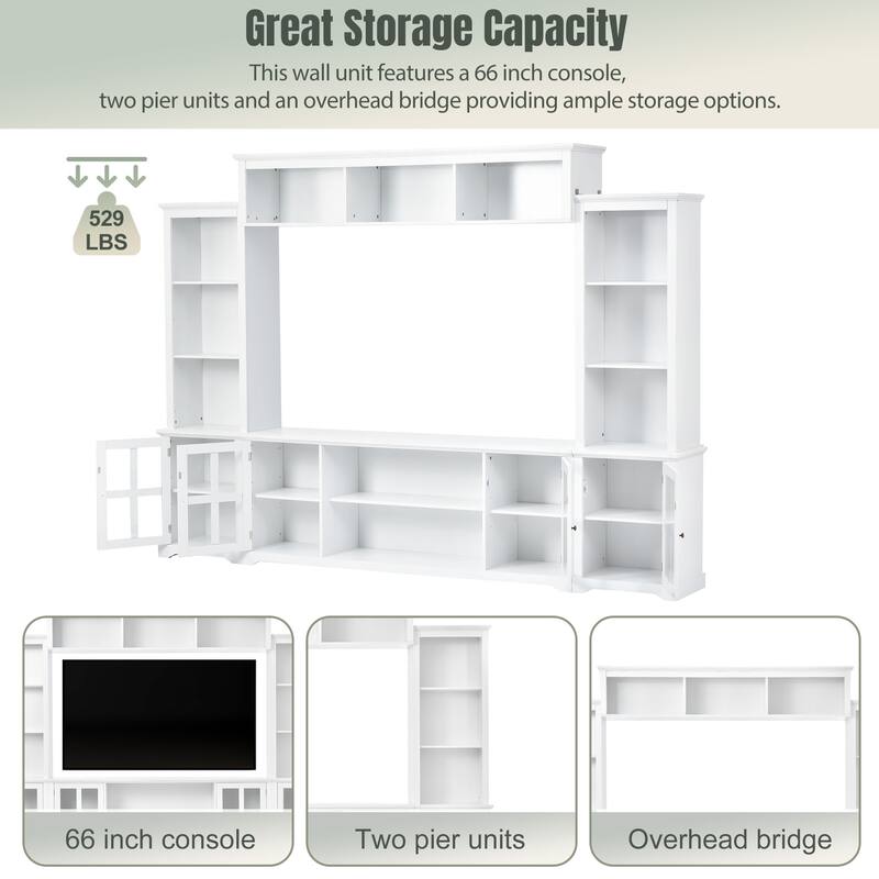 Large Entertainment Wall Unit Set with Open Storage, Wood TV Stand for TV Up to 70", Large Media Console with Cabinet