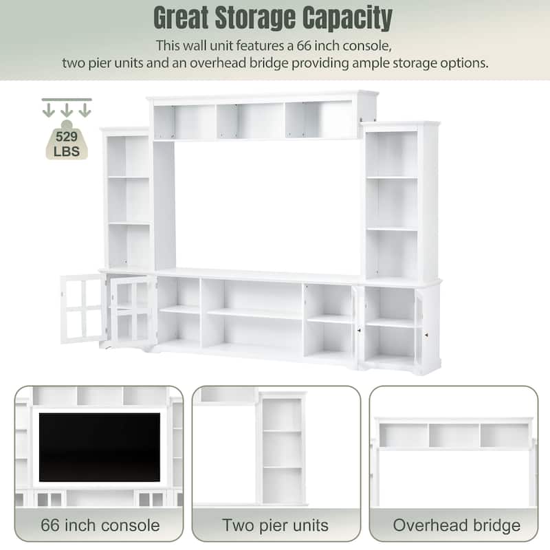 White Entertainment Wall Unit with Bridge, Tempered Glass Doors for TVs Up to 70"
