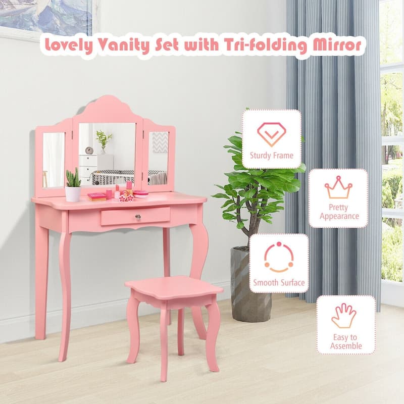 Kids Makeup Dressing Mirror Vanity Table Stool Set - 27.5" x 13.5" x 41" (L x W x H)