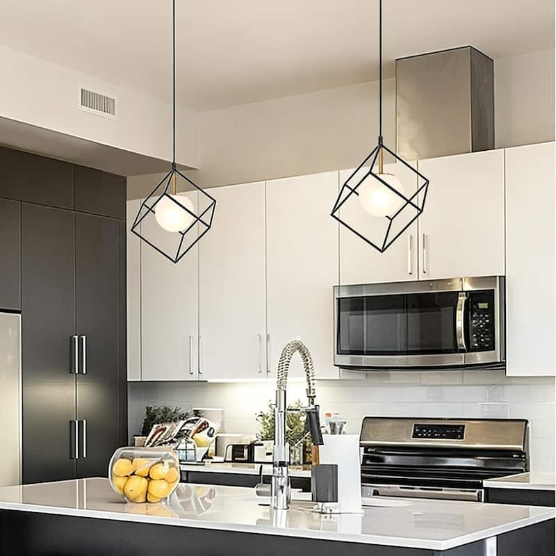 Ottilie Modern Black Gold 1-Light Cage Kitchen Island Pendant Lights with Frosted Glass - L 11" x W 11" x H 14.5"