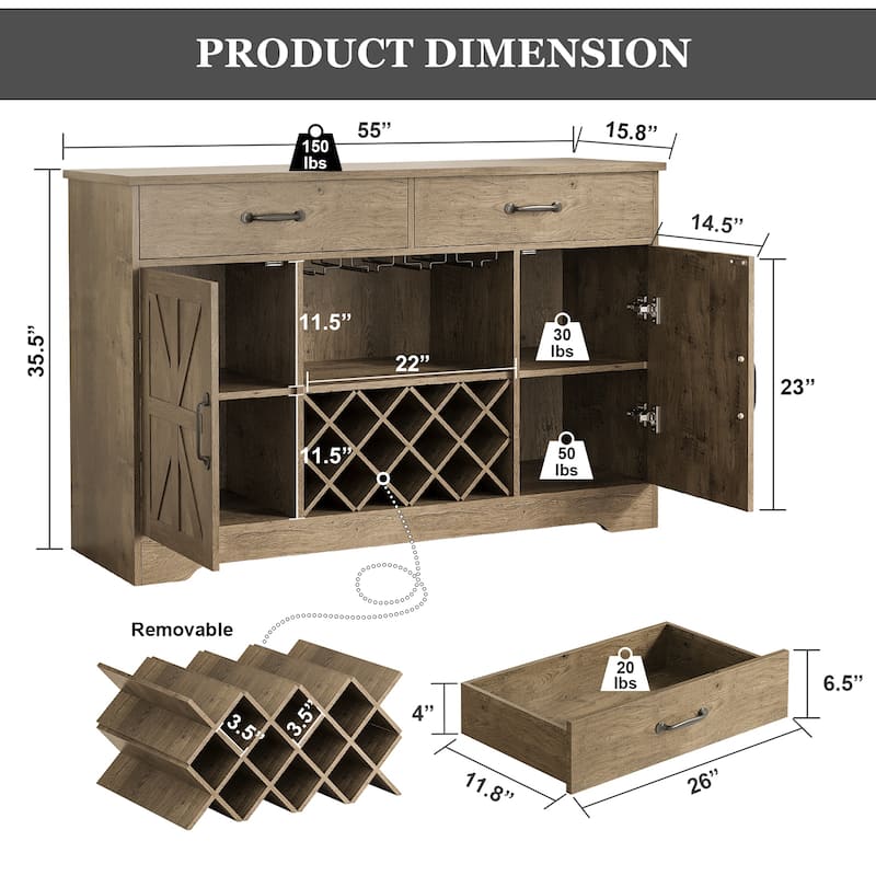 55" Farmhouse Bar with Removeable Wine GID, Kitchen Coffee Bar Cabinet