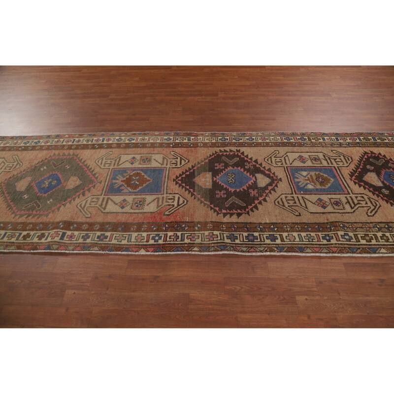 Tribal Ardebil Persian Vintage Runner Rug Handmade Orange Wool Carpet - 3'7" x 13'1"