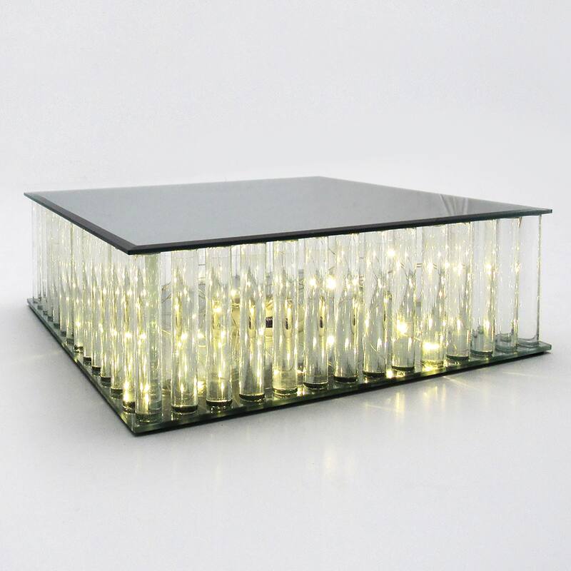 Square Mirror LED Fairy Light Up Glass Columns Cake Stand Dessert Display Tray Riser