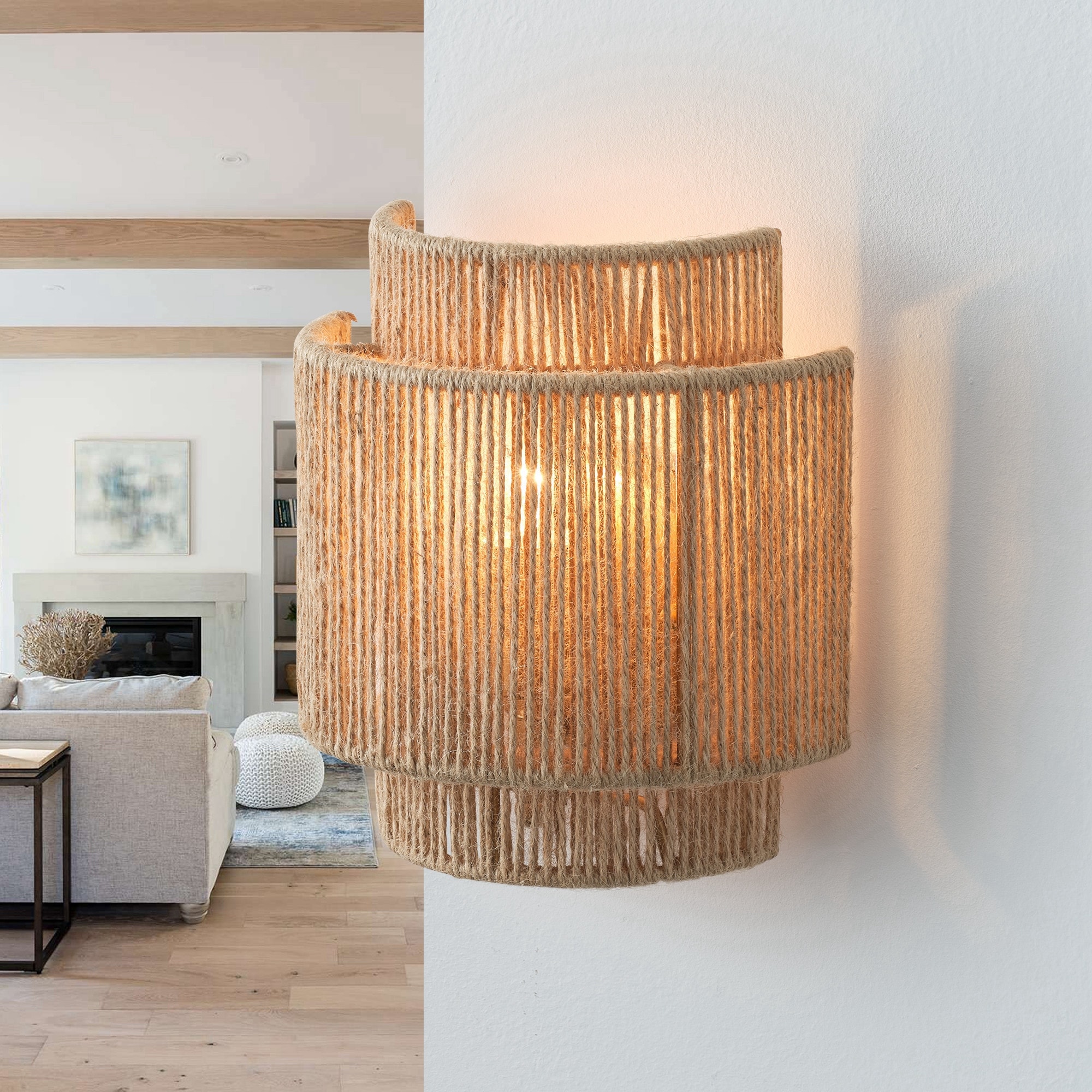10" Natural Boho Hemp Rope Dimmable Wall Sconce with Metal Hardware
