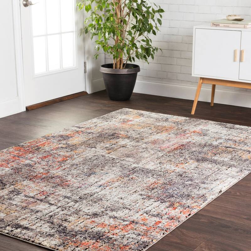 Alexander Home Athens Abstract Modern Sunset Distresssed Area Rug - 12' x 15' - Graphite/Sunset