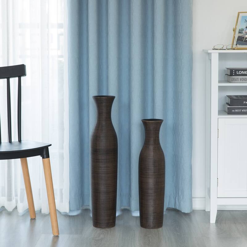 Tall Decorative Modern Ribbed Trumpet Design Brown Floor Vase - Contemporary Home Decor