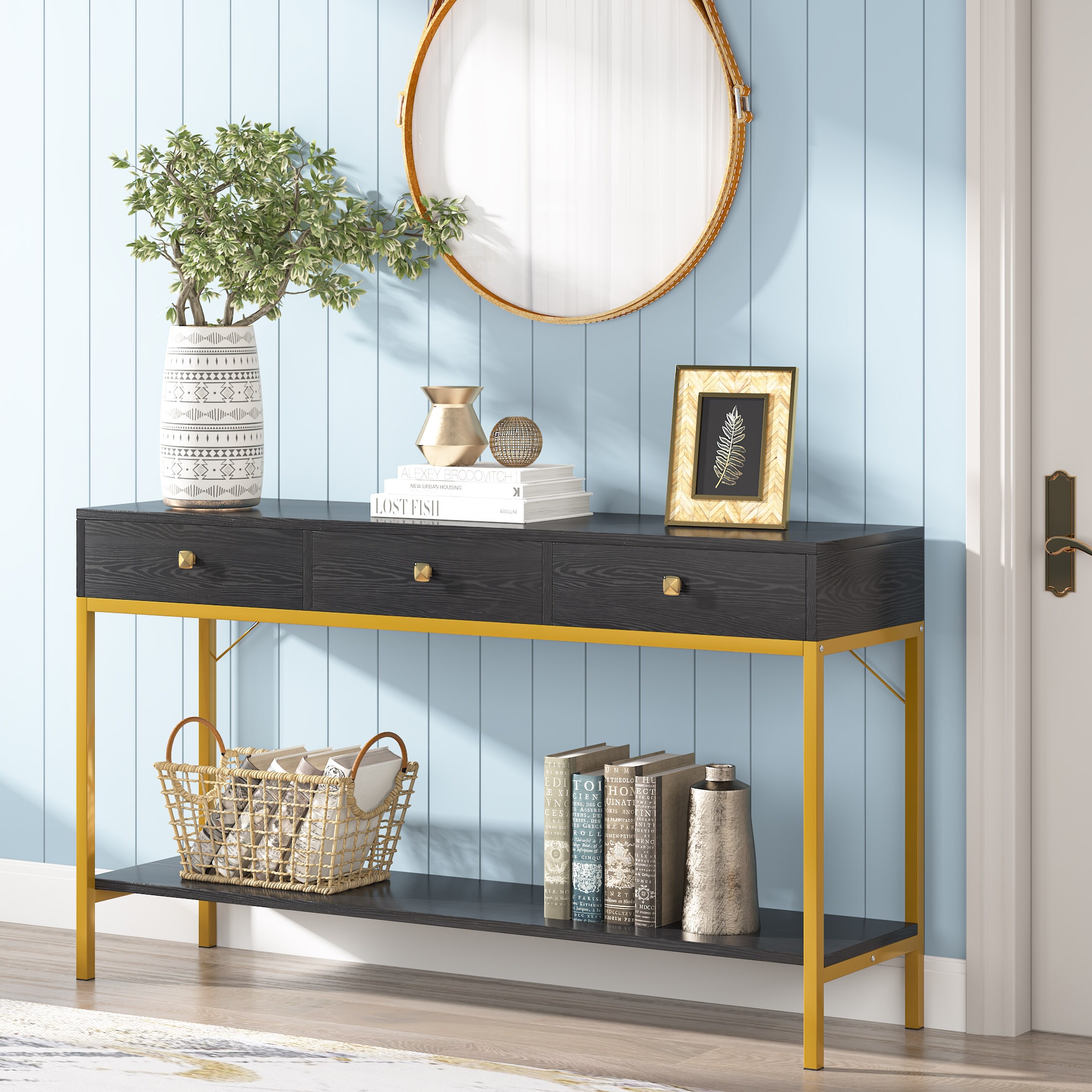 Black entryway outlet table with storage