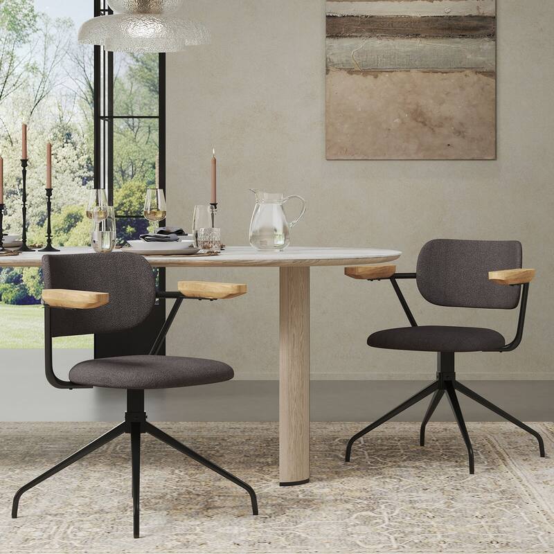 Modern Upholstered Swivel Chair With Solid Wood Arms And Metal Frame - Grey