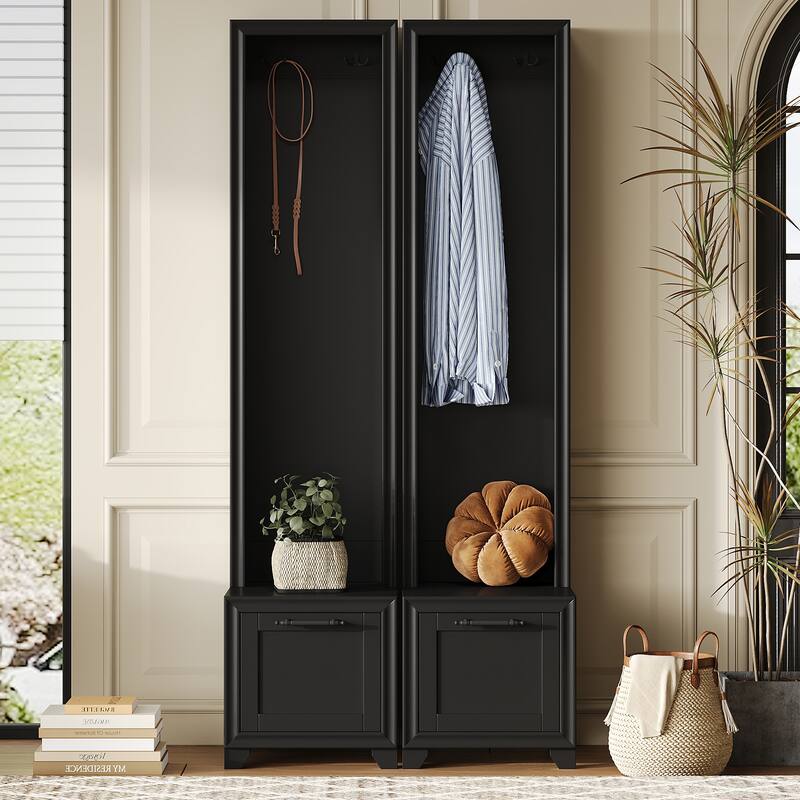 Elegant Free Standing Hall Tree Set of 2, Multifunctional 3-IN-1 Entryway Coat Rack with Black Retro Handles - Black