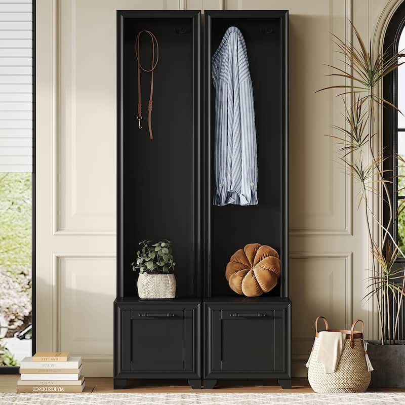 Freestanding Hall Tree with Storage Bench & Hooks, Set of 2 Entryway Coat Rack with Storage Drawers & Anti-Tip Kit - Black
