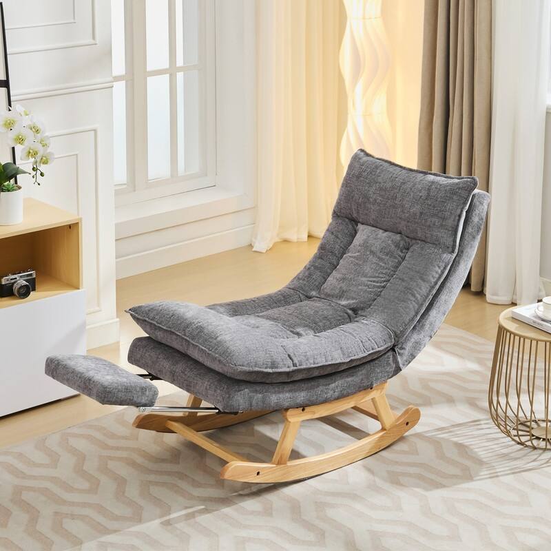 Fabric Upholstered Rocking Chair with Solid Wood Base and Hidden Footrest – Ergonomic Dual-Cushion Design