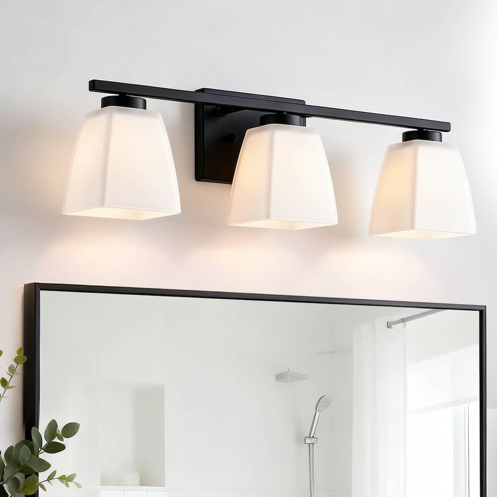 Brushed Nickel/Matte Black/Gold Modern 3-Light Vanity Light with Square Etched White Glass Shades