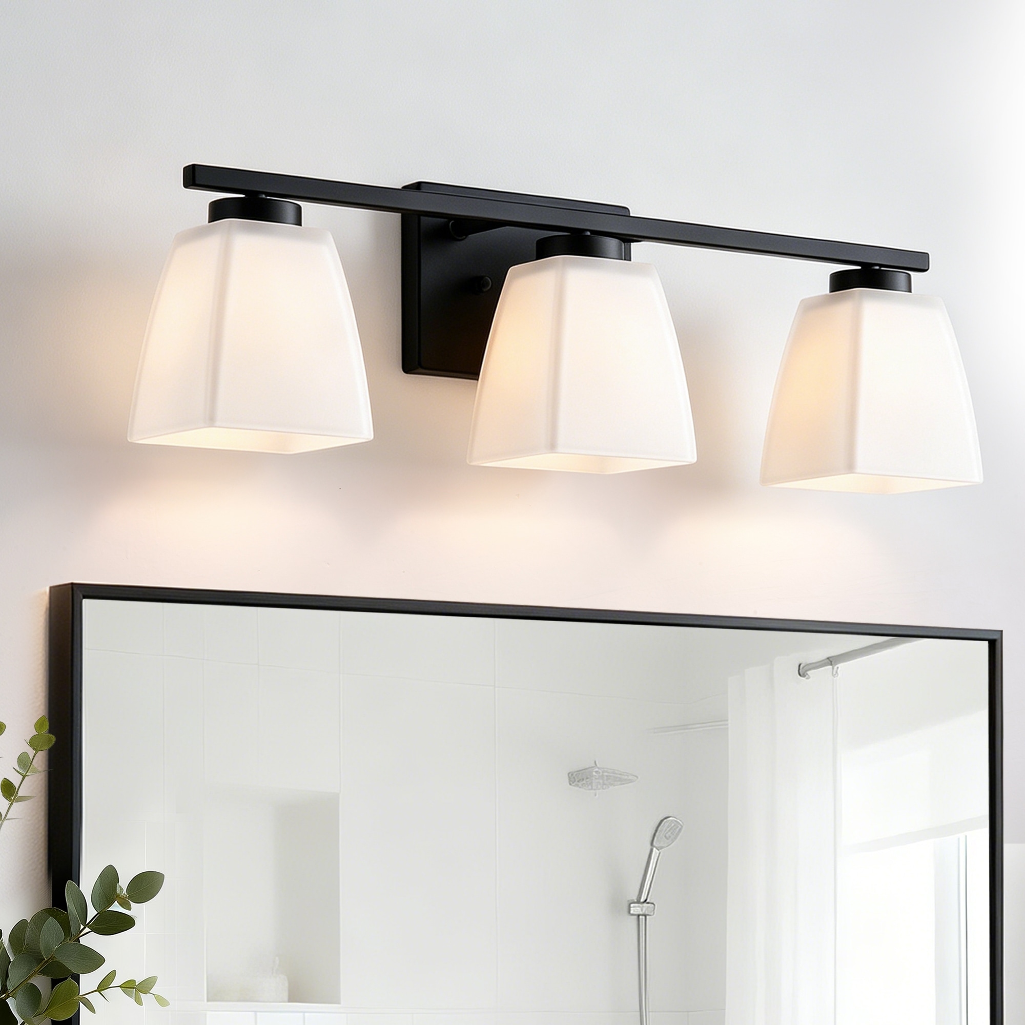 Brushed Nickel/Matte Black/Gold Modern 3-Light Vanity Light with Square Etched White Glass Shades