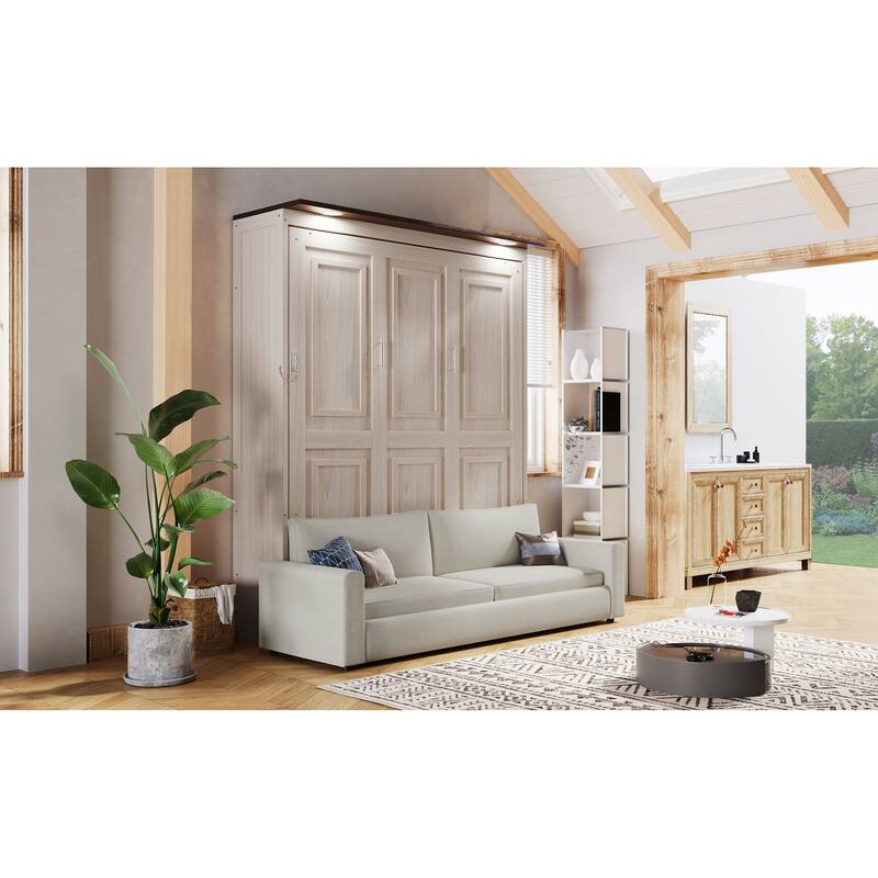 Queen Size Murphy Bed with Upholstered Sofa and Top LED, Beige, Space Saving Foldable Platform Bed Frame