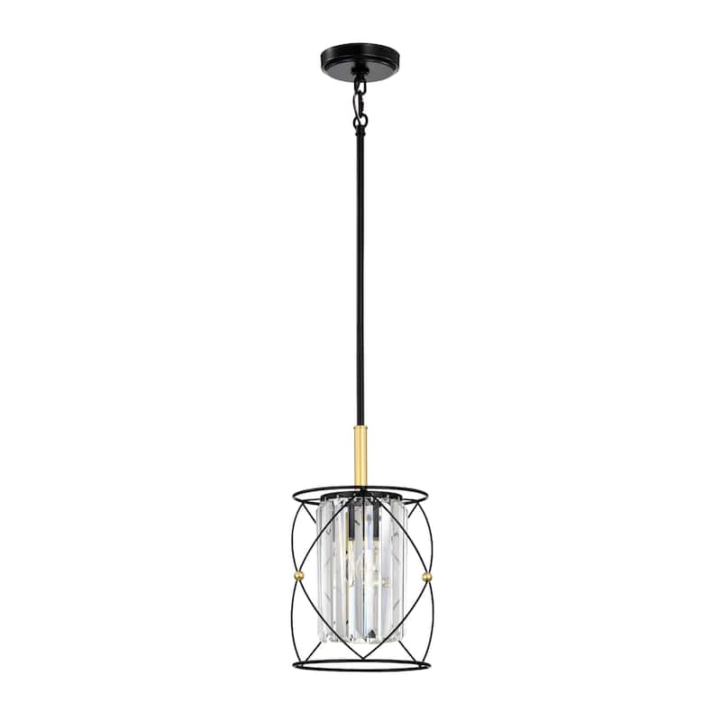 Black and Gold 1-Light Midcentury Mini Pendant with Hanging Crystals