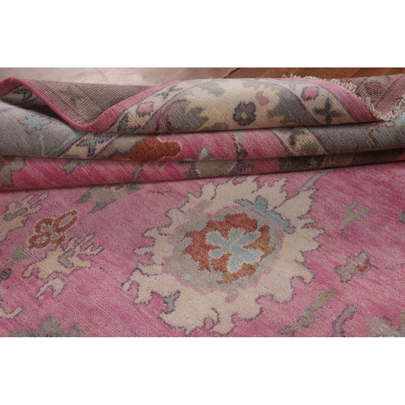 Pink Floral Oushak Oriental Area Rug Hand-Knotted Wool Carpet - 8'8"x 11'9"