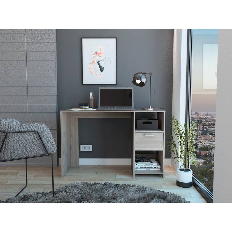 Freestanding Rectangular Computer Desk with Storage Drawer, Open Compartments, and Sleek Modern Design - Oak
