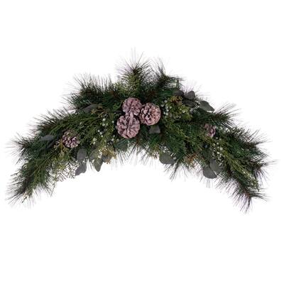 Vickerman 32" Artificial Long Leaf Pine with Seeded Cedar, Eucalyptus Foliage, and Pinecones Crescent Swag. - Green