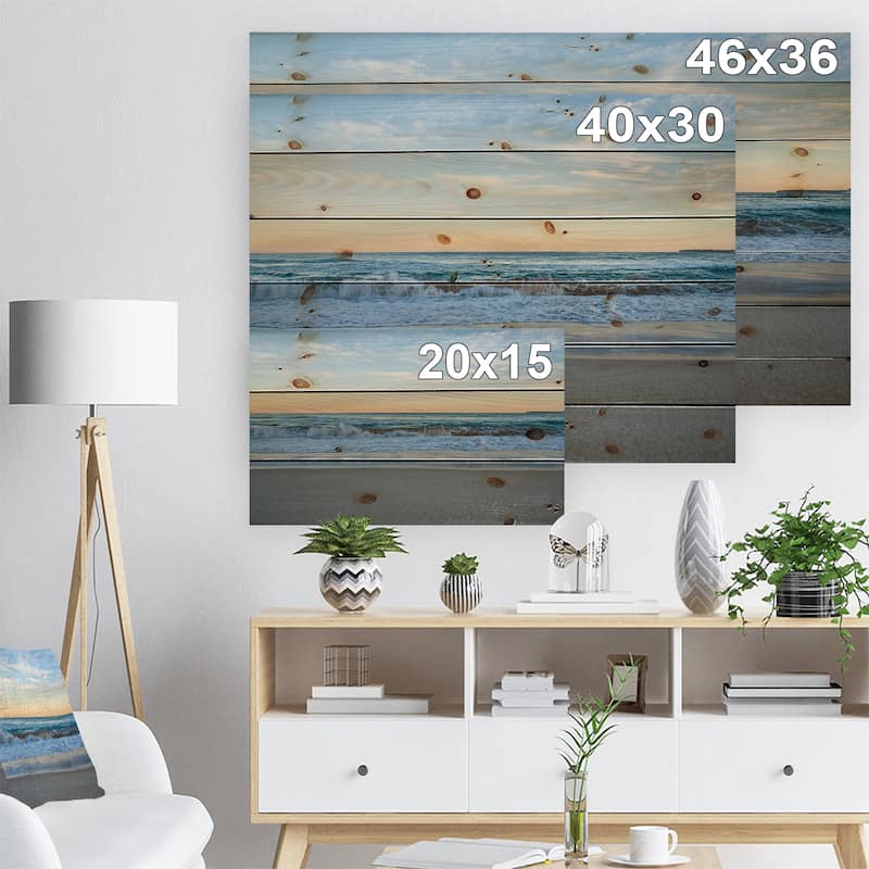 Designart 'Blue Splashing Scene Beach' Nautical & Coastal Wood Wall Art Décor - Natural Pine Wood