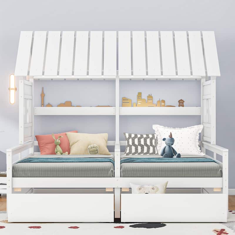Nestfair Twin Size House Platform Beds with Two Drawers for Boy and Girl Shared Beds