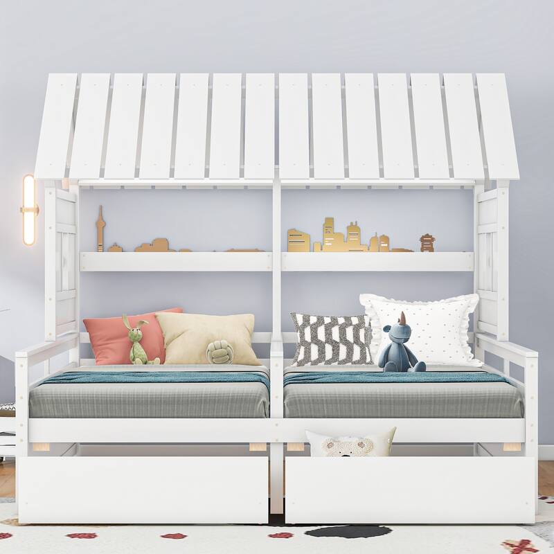 Twin Size House Platform Beds with Two Drawers for Shared Kids' Room, White