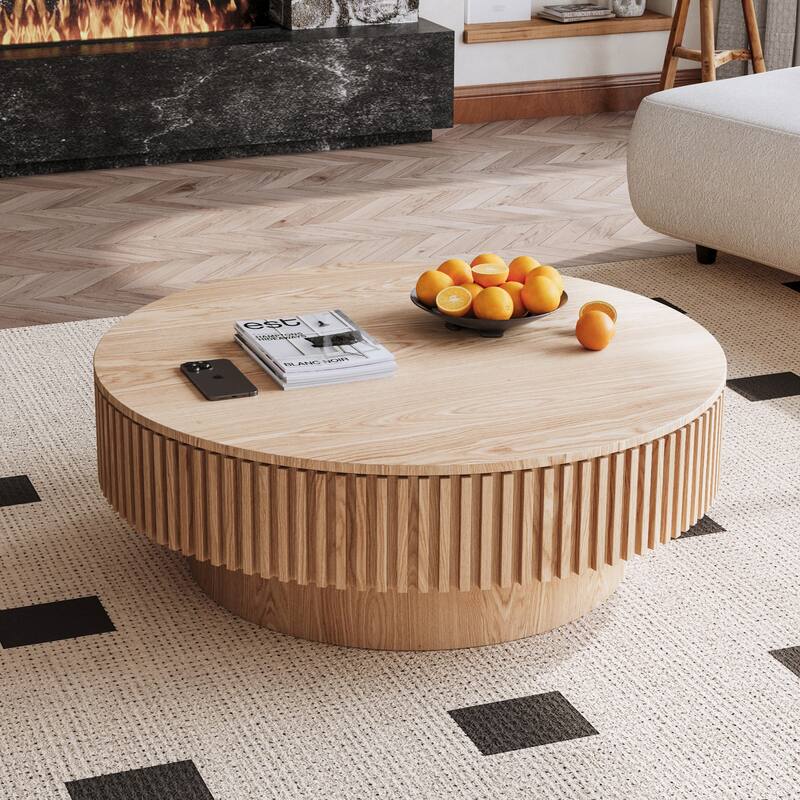 39.4" Round Coffee Table with Storage, Solid Wood Veneer Modern Accent Tea Table