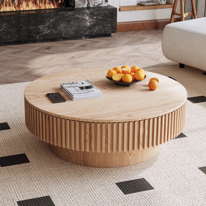 Modern Solid Wood Veneered Round/Oval/Rectangular Coffee Tea Table with Storage.
