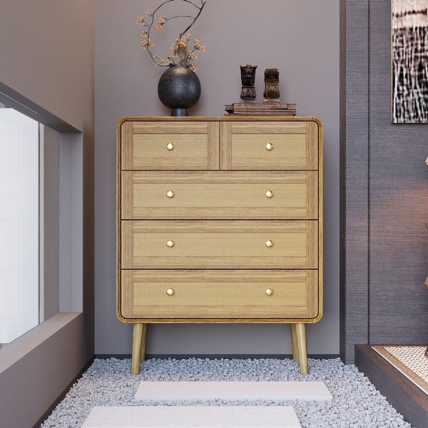 light wood and gold dresser Woven 5-Drawer Rattan Chest Dresser, smooth-gliding metal tracks, curved edges, yellow/light wood, traditional