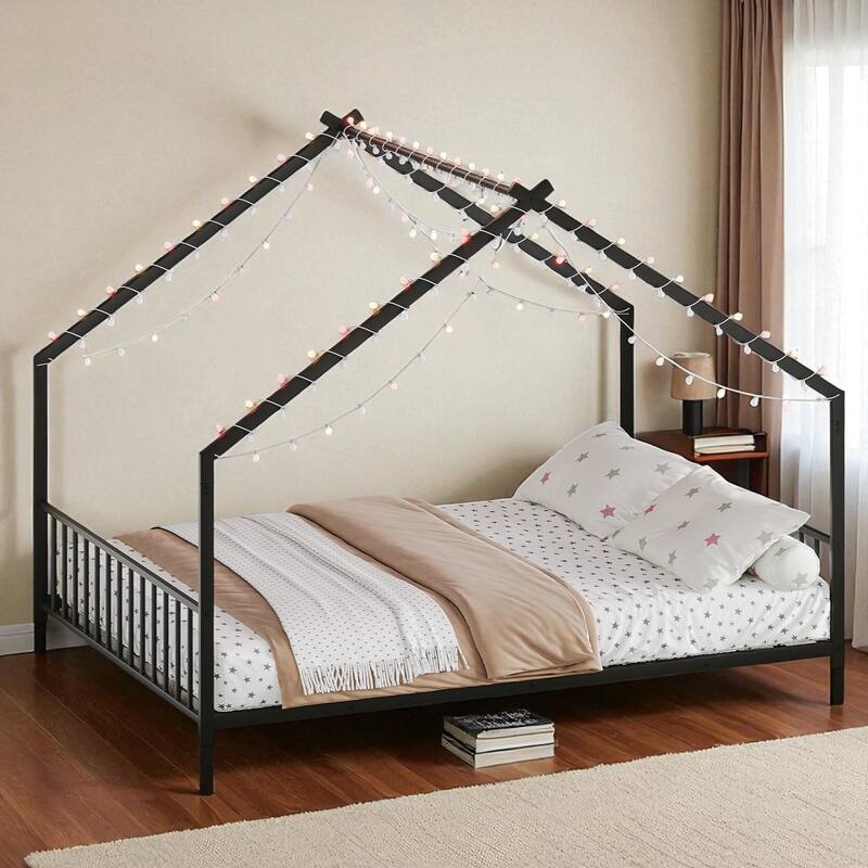 Twin/Full Size Kids Roof-Shaped Metal Bed Frame with Colorful LED Lights, Low Profile Design, 350 lb Capacity - Black - Full