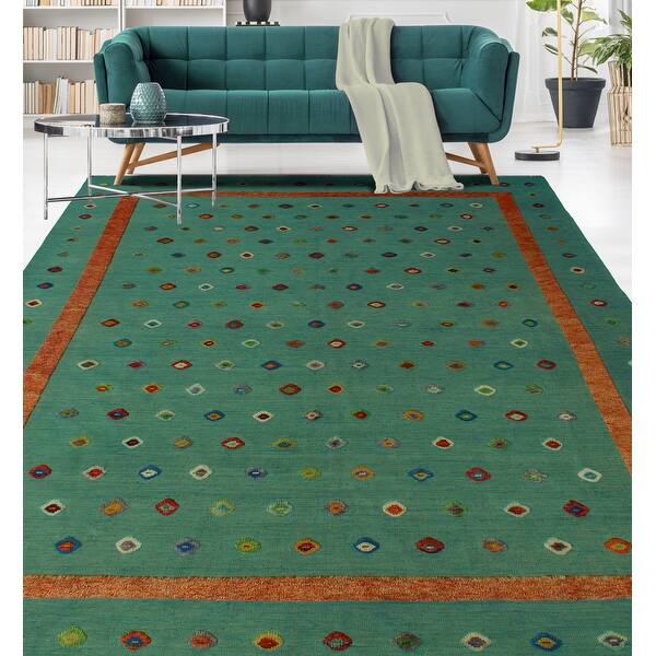 slide 1 of 10, Handmade High-Low Kilim Bryson Blue/Rust Rug - 8'10" x 12'1"