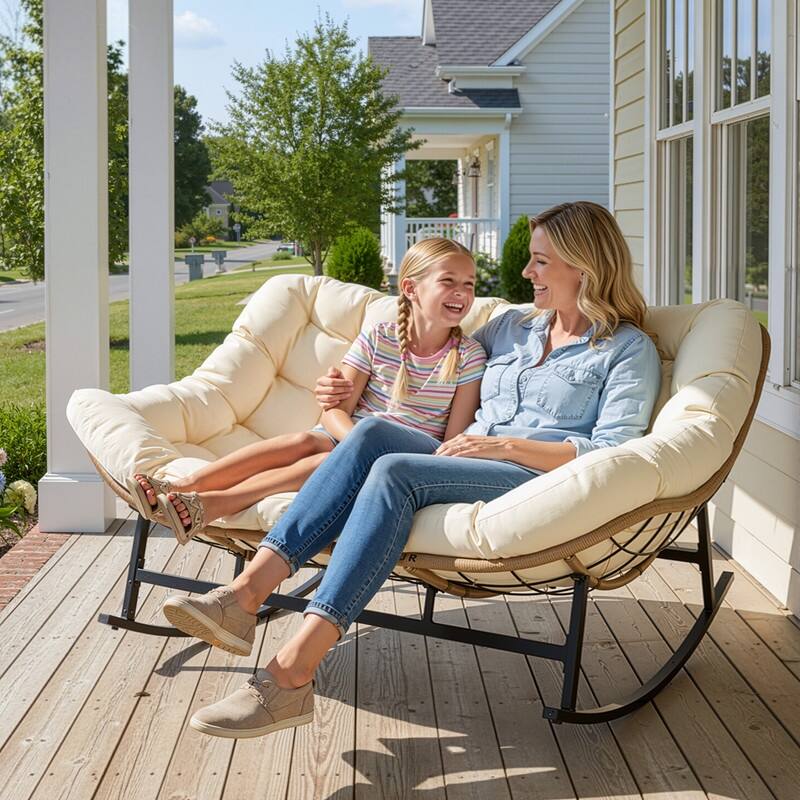 FINCATI Double Papasan Rocking Chair Outdoor Indoor, 700 lbs Heavy-Duty Double Wide Rocking Chair with 5.1 Inch Thick Cushion