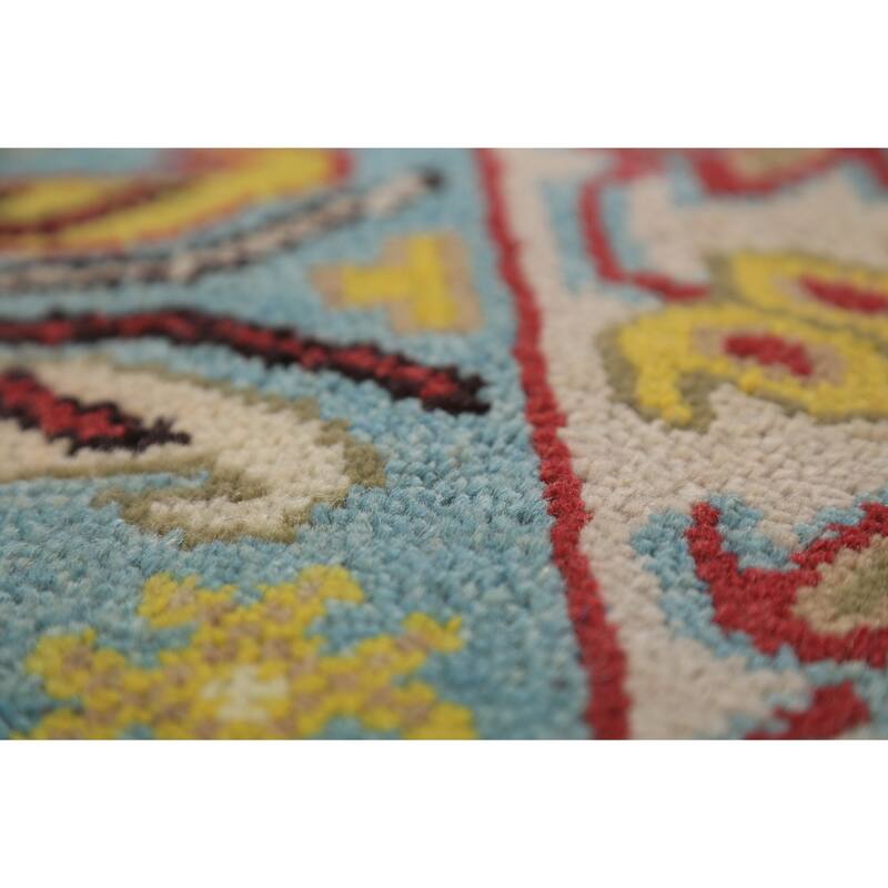 Light Blue Geometric Kazak Indian Runner Rug Handmade Wool Carpet - 2'6"x 9'11"