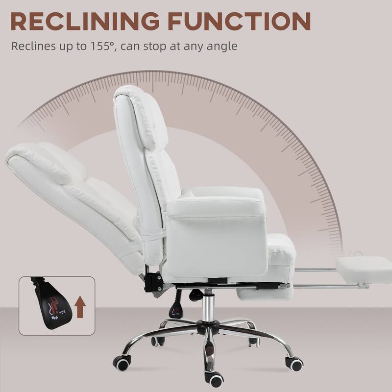 Executive Office Chair PU Leather Ergonomic Reclining Swivel Chair with Footrest Lumbar Support White