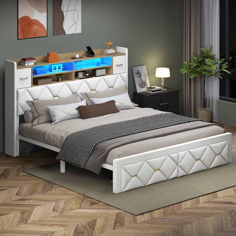 Moasis Upholstered Bed Frame with Storage Headboard And Charging Station and LED Light - White Velvet - King