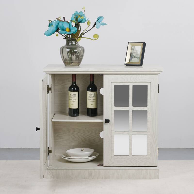 Anmytek 2 Door Acrylic Mirrored Sideboard Cabinet White Wood Grain