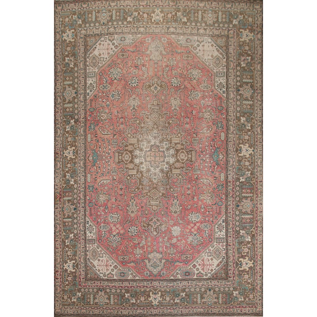 Hand Knotted Oriental 100% Wool Carpet Traditional Medallion Pink Tabriz Area Rug - 12' 4'' X 9' 5''