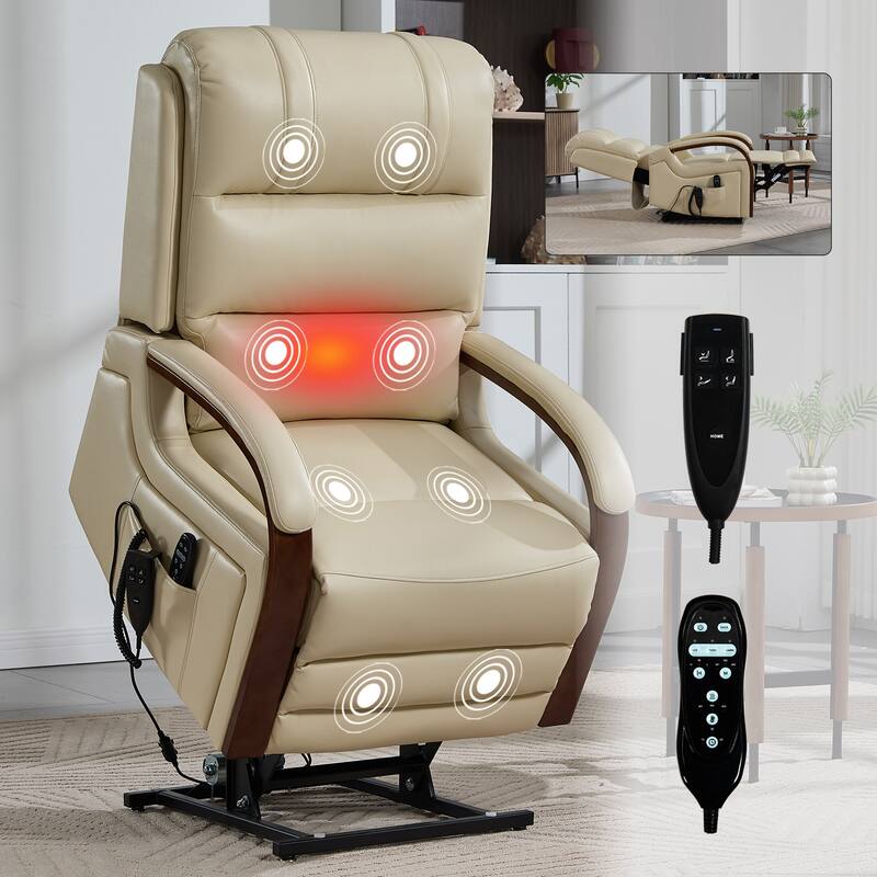 Dual Motor Power Lift Recliner with Heat Massage and Solid Wood Armrests - Beige