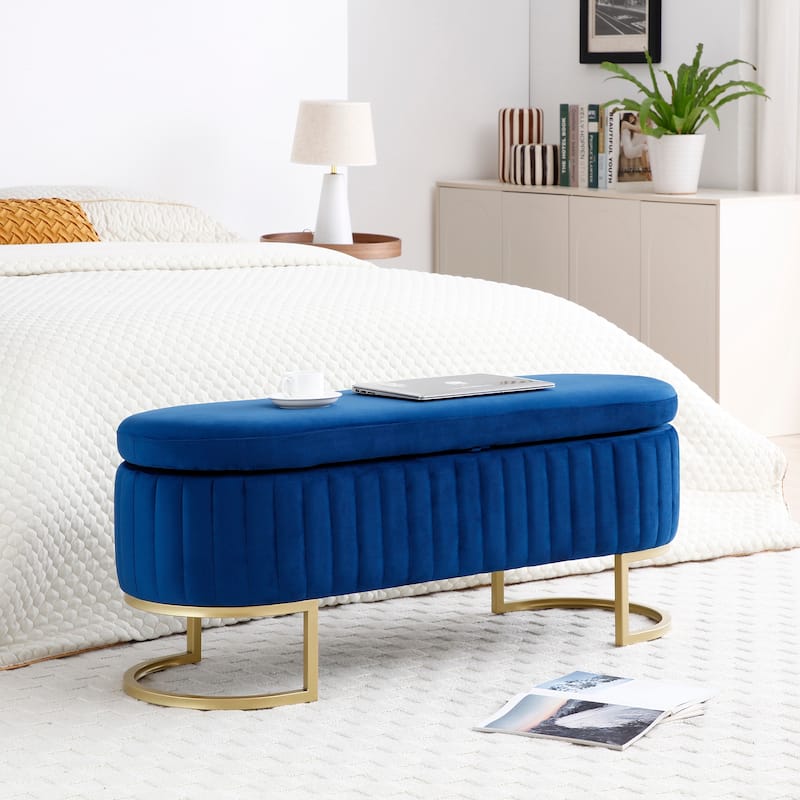 Blue Velvet Upholstered Storage Bench with Golden Legs - 50 Inch Modern Ottoman - Blue - Large