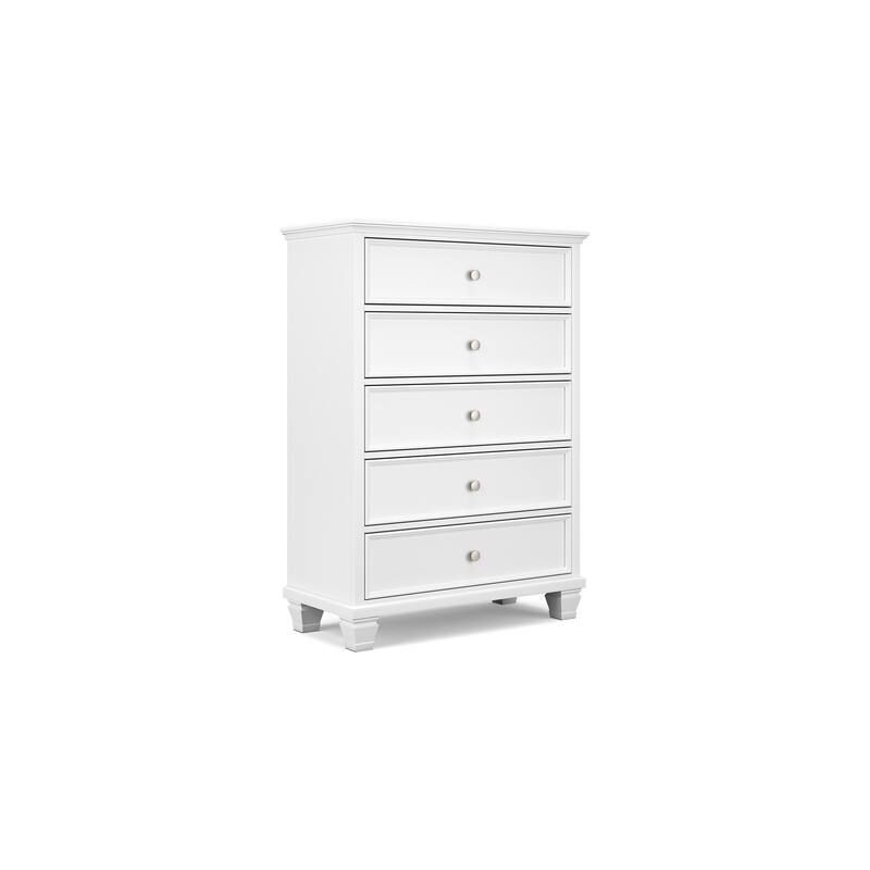 Heno Tall Dresser Chest, 5 Storage Drawers w Nickel Round Knobs, White