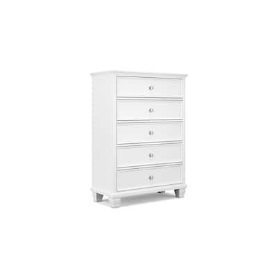 Heno Tall Dresser Chest, 5 Storage Drawers w Nickel Round Knobs, White