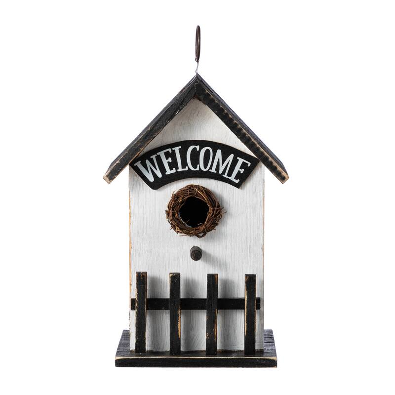 Glitzhome 11"H Washed White Solid Wood Fence Outdoor Garden Birdhouse