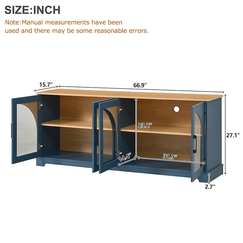 Farmhouse TV Stand for TVs up to 70 Inch with Arched Glass Doors, Two Tone Wood Grain Media Console with Shelves