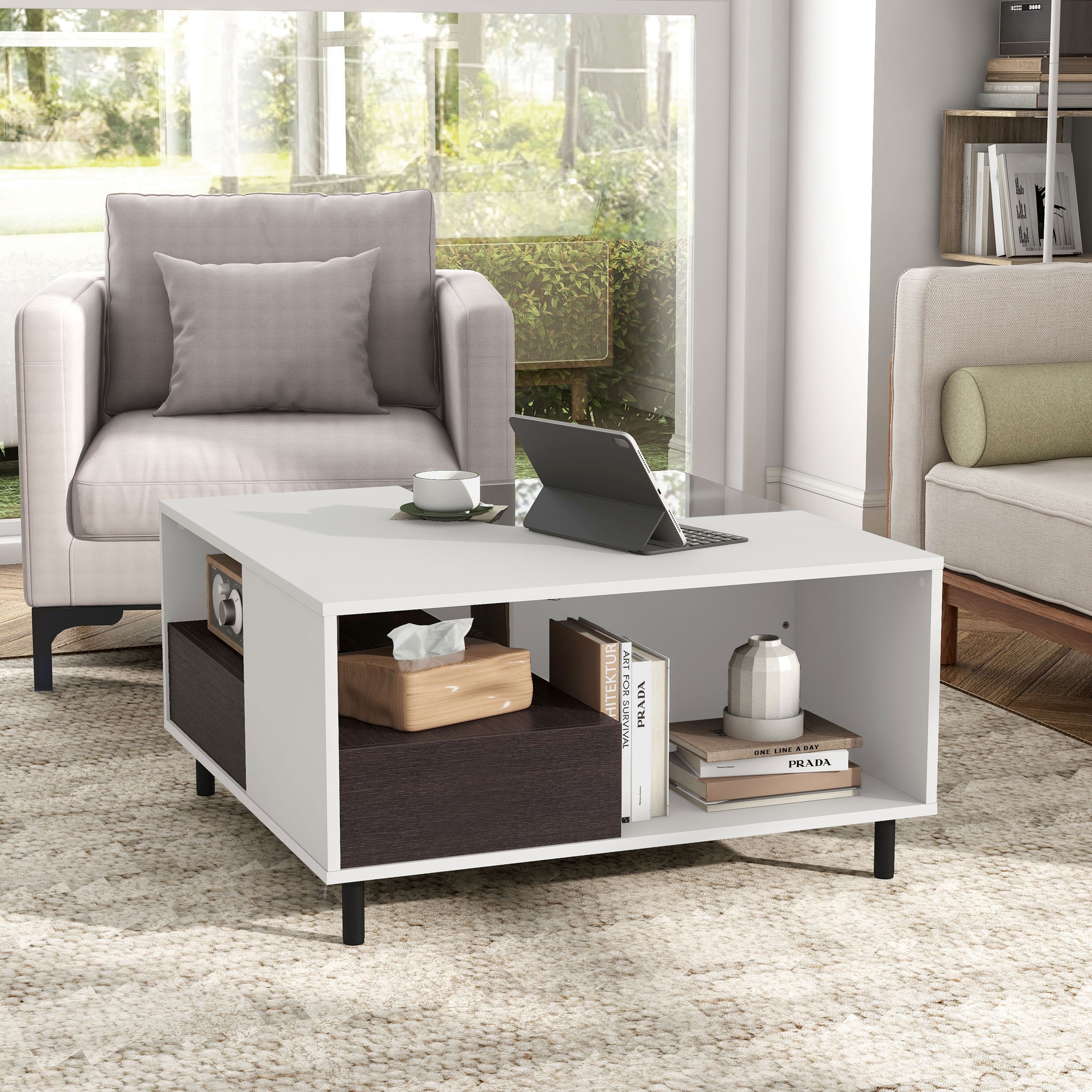 247 Shop At Home Modern White Square Coffee Table with 16 Colors LED Light, Shelf, and Drawer